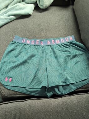 Under Armour Teal Athletic Shorts with Pink Branding